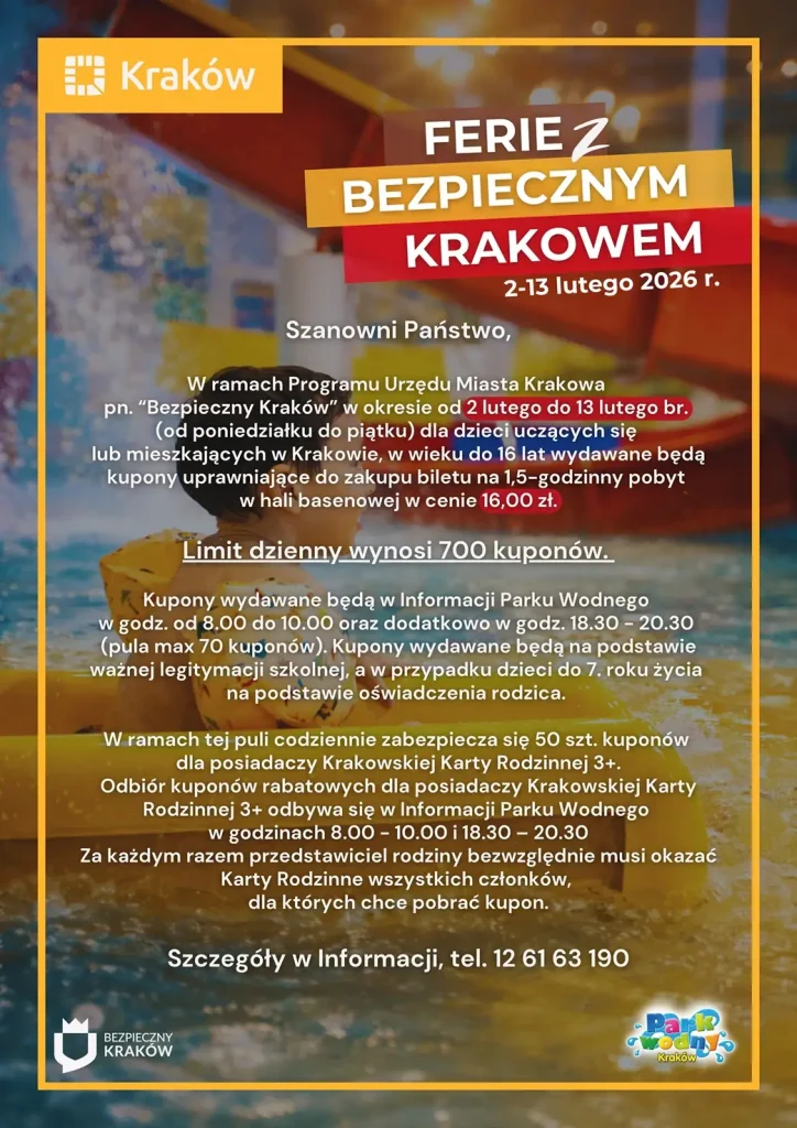 "Plakat bezpieczny Kraków ferie Park Wodny"