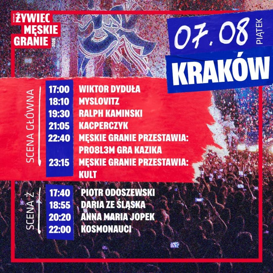 Męskie Granie 2026 w Krakowie. Pełny line-up i godziny koncertów na 7 i 8 sierpnia